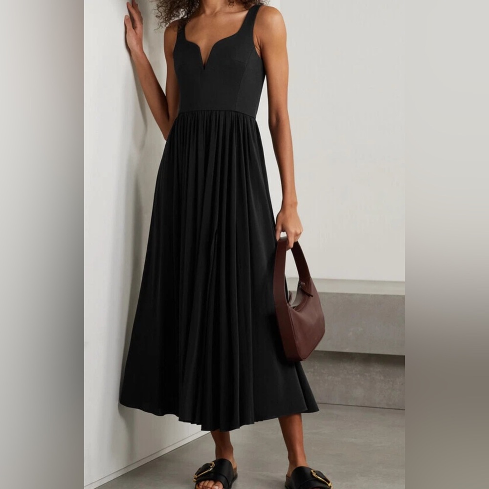 LA LIGNE Black Stretch Crepe Sweetheart Neck Gathered Sleeveless Midi